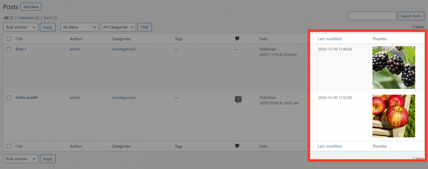 WordPress admin table featured images