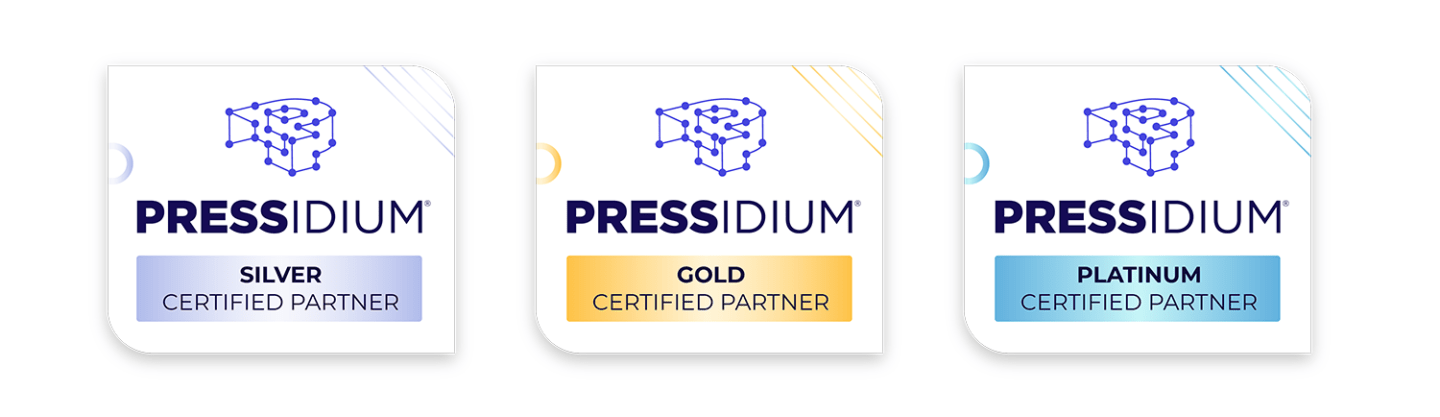 Pressidium Certified Partner Program badges for Silver, Gold, and Platinum partners, representing different partnership tiers with increasing benefits.