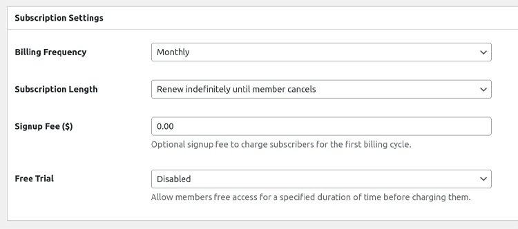 ProfilePress membership plan settings