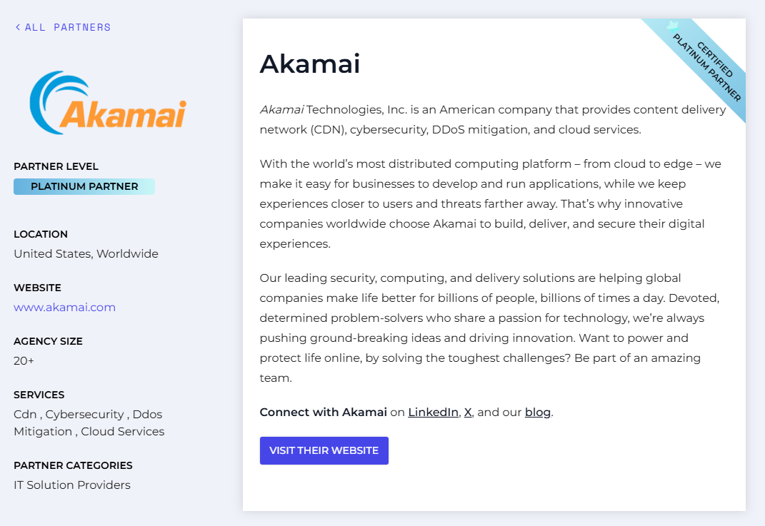 Certified Partner profile page provides logo and branding, about section, partner level, locations, partner categories and links